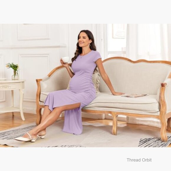 Maternity Maxi Dress Ribbed Ruched Split Side Casual Pregnancy Wear - Picture 6 of 7